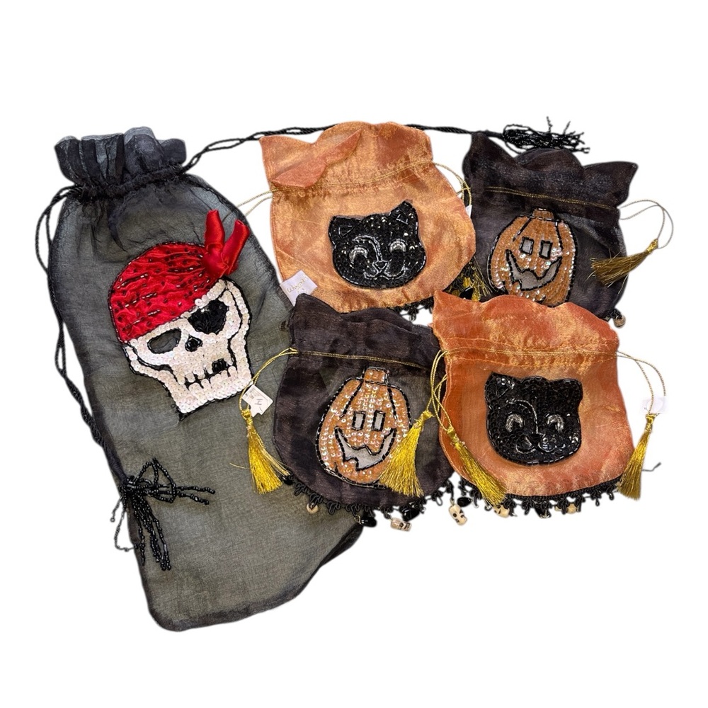 Beaded Sequin Halloween Hostess Gift Bags Cats Pumpkins Skull